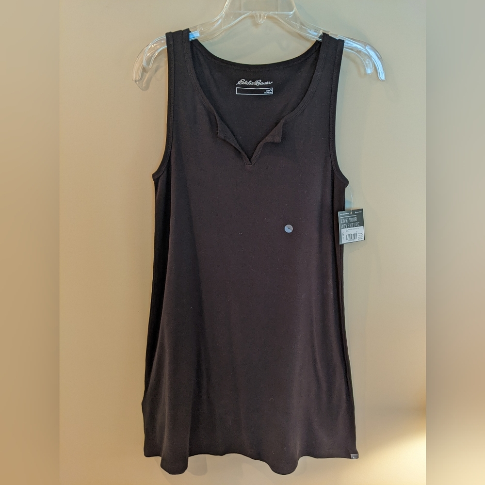 NWT Eddie Bauer 100% Cotton, Notched Neck Tunic Tank, Black, Sz S